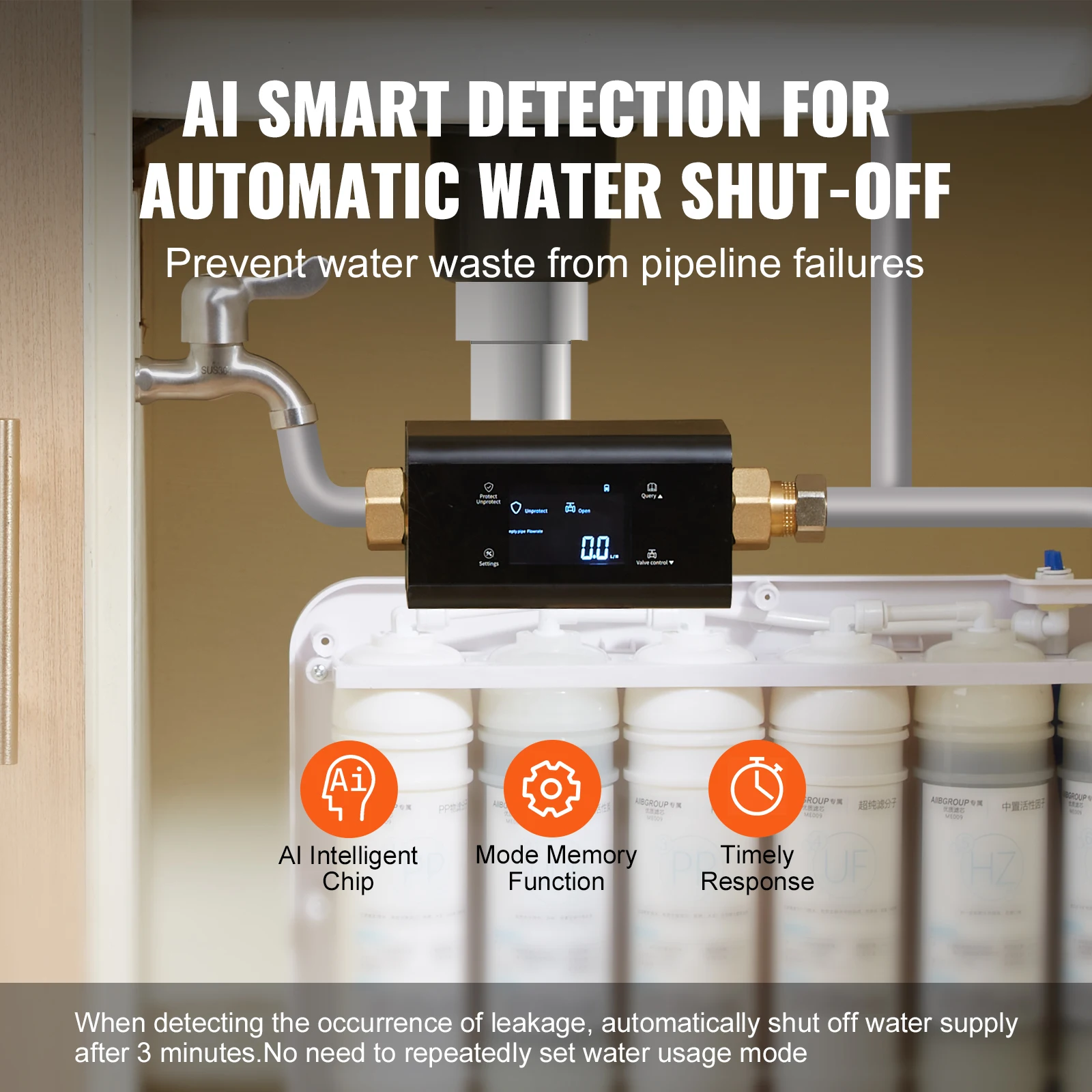 Smart Water Leak Detector Water Monitor Automatic Shutoff Detector for 1-Inch or 3/4-Inch Diameter Pipe with App Alerts - Image 3